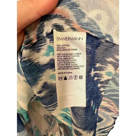 Zimmermann Glassy Ruffle Tank Blue Ikat Patch Size 1 US 6 Medium Cotton Silk - Picture 5 of 6